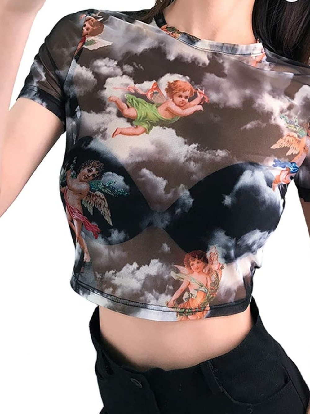 Cherub Print Sheer Mesh Crop Top in Black